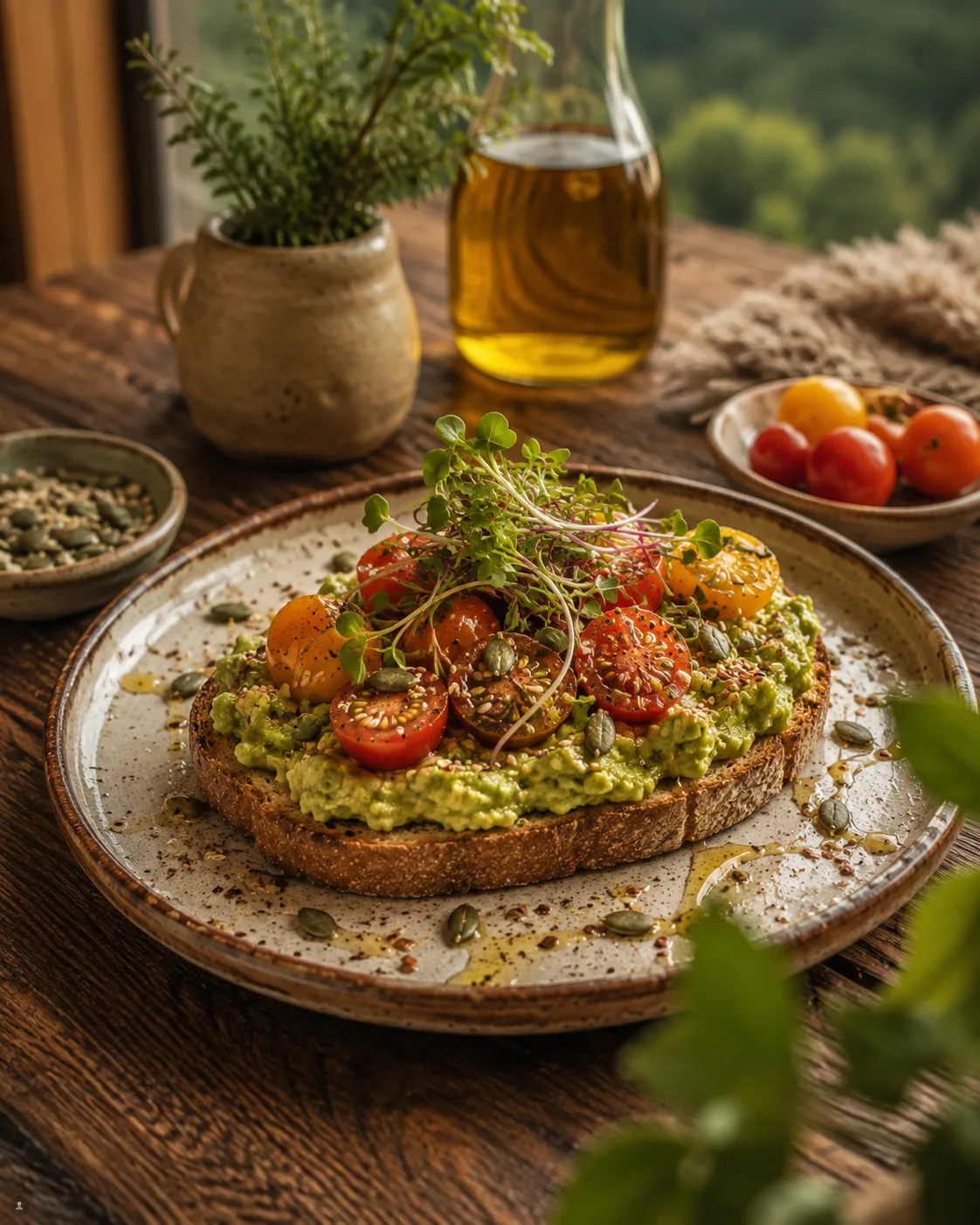 Toast cu avocado, roșii cherry și microgreens