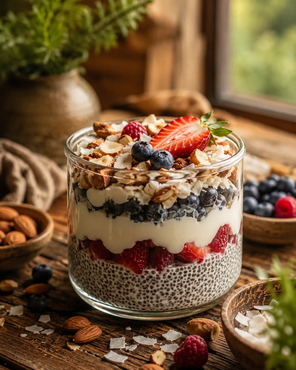 Parfait de chia cu fructe de pădure, iaurt și nuci