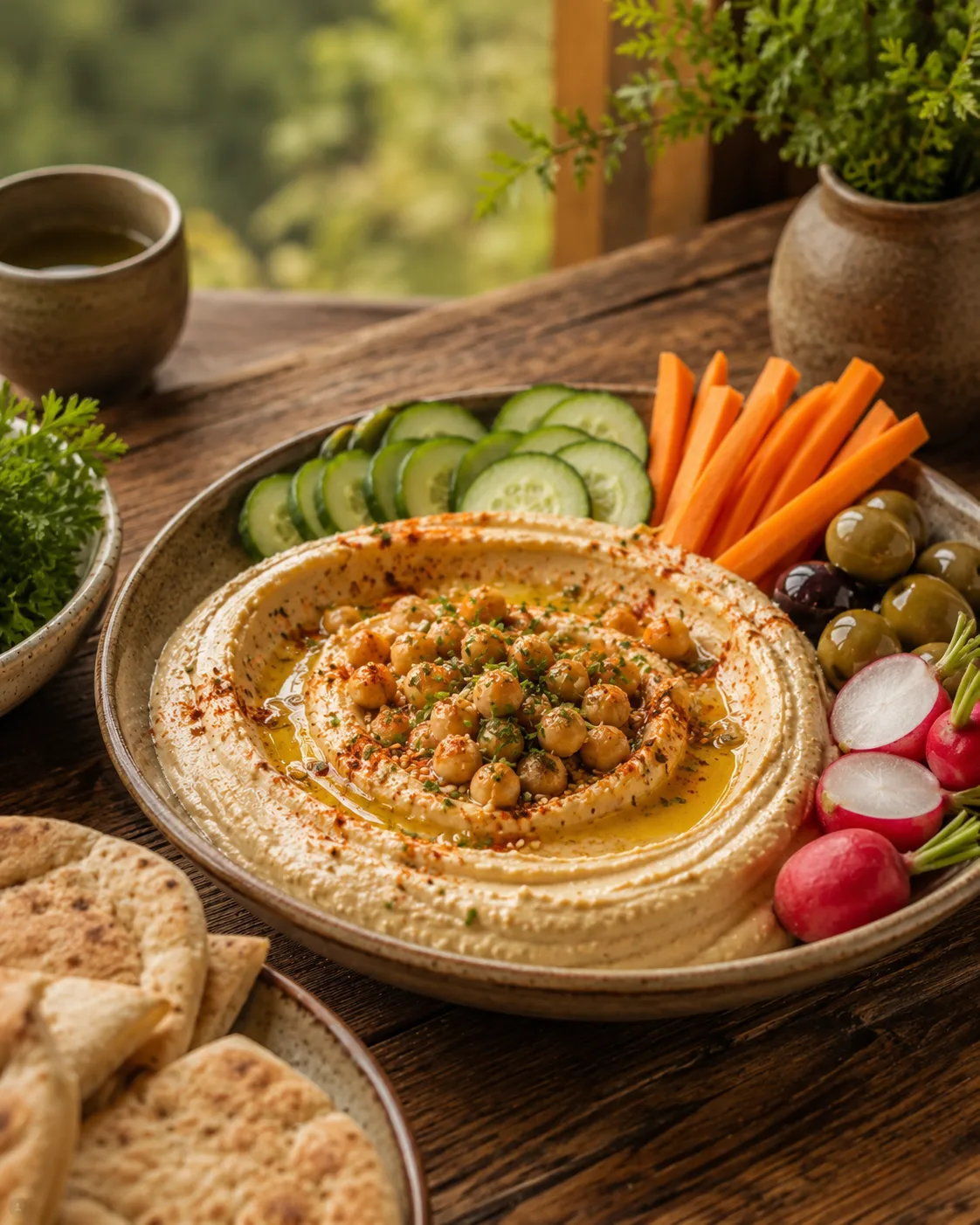 Farfurie de hummus cu legume și pită