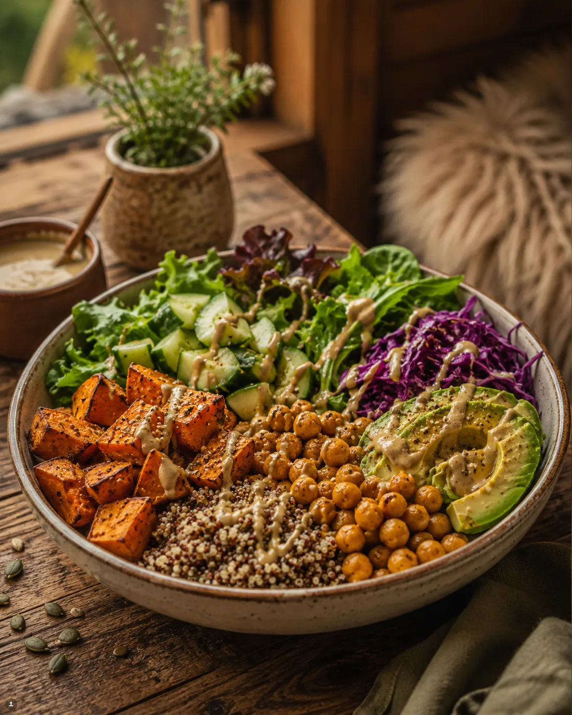Buddha bowl cu quinoa, cartof dulce, năut și avocado
